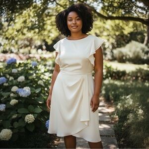 DKNY Flutter-Sleeve Lined Crepe Ruched‎ Dress, Color Ivory, Size 16